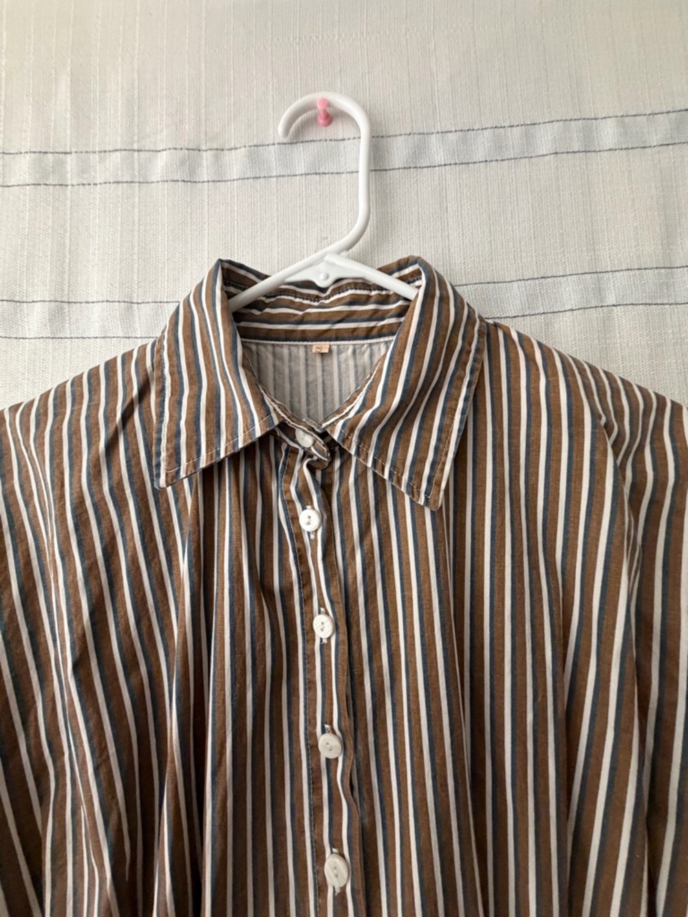 Striped Cotton Shirt Dress Brown Blue White Button Front Size S(A527) - Picture 8 of 13